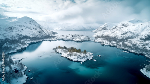Bird eye view of fjord, lake and snow mountains, In Scandinavia Winter Season, North pole, Northern Europe, Landscape