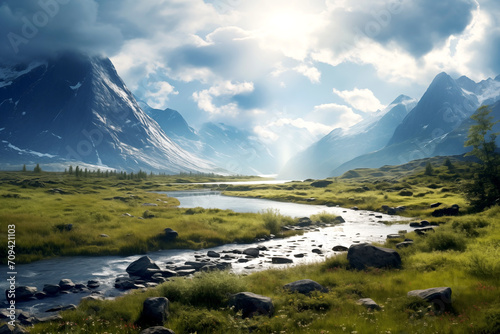 Scenic of fjord view and green field coast with snow mountains and cloudy blue sky  In Scandinavia Countryside Winter Season  North pole  Northern Europe  Landscape