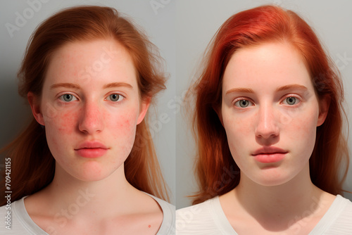 Rosacea redness skin, patient face before and after result after the treatment. Generative AI