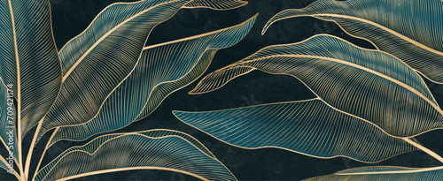 Dark luxury art background with tropical leaves in golden line art style. Botanical banner for wallpaper, decor, print, poster, textile, packaging, interior design. photo