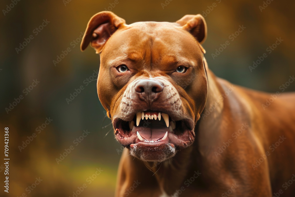 an angry aggressive pit bull terrier type dog snarling at the camera with sharp teeth