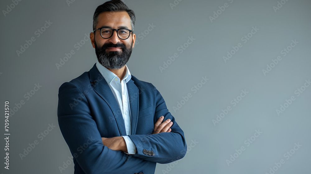 Proud confident bearded indian business man investor, rich ethnic ceo, corporate executive, professional lawyer banker, male office employee standing isolated on gray with arms crossed. Portrait Proud confident bearded indian business man investor, rich ethnic ceo, corporate executive, professional lawyer banker, male office employee standing isolated on gray with arms crossed. Portrait