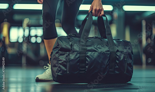 Cropped shot of fit sporty woman in sportswear with gym bag wearing toned yoga pants and sneakers getting ready for exercise session at gym photo