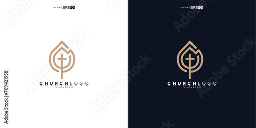 Leaf growth and church line style logo vector design