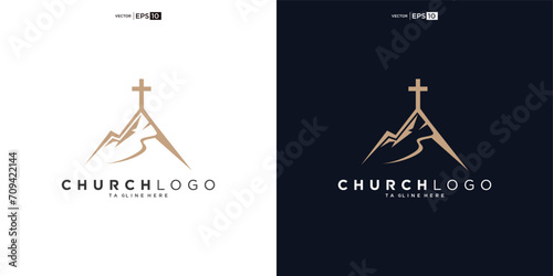 church logo designs with mountain, minimalist logo. People church vector logo design template