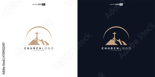 church logo designs with mountain, minimalist logo. People church vector logo design template