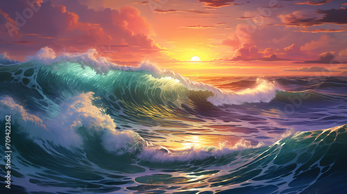 panorama of sea waves on the background of dawn with dramatic sky