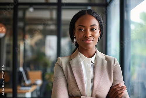 Confident smiling young professional business woman ceo corporate leader, female African American lawyer or leader manager wearing suit standing arms crossed in office, headshot, Generative AI  photo