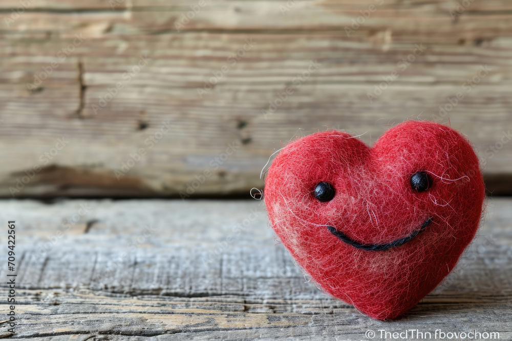 cute felted love heart character on a rustic wooden backgroun