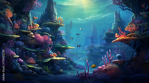 sea deep or ocean underwater with coral reef as a background