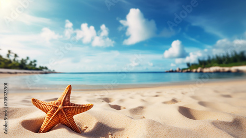 starfish and seashell on the summer beach in the water on bright day