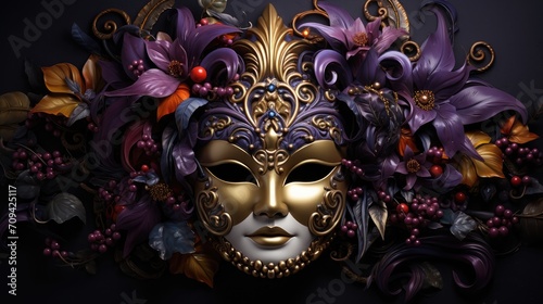 Mardi Gras carnival mask on dark purple background.