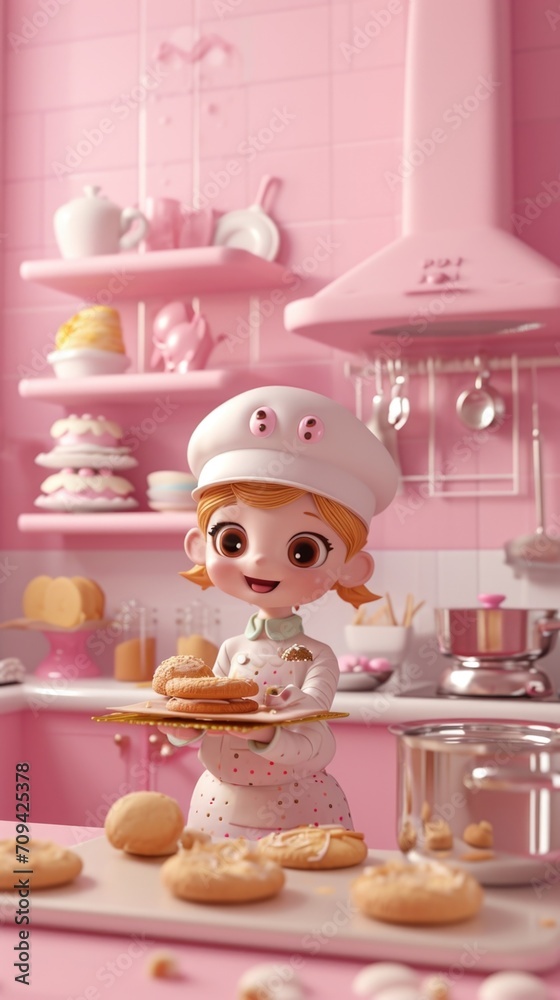 Cartoon digital avatars of Petite Pastry Cook Baking cookies and cakes in a play kitchen.