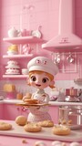 Cartoon digital avatars of Petite Pastry Cook Baking cookies and cakes in a play kitchen.