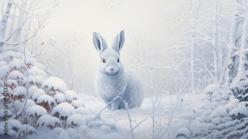 Snowshoe hare camouflaged in winter wonderland - majestic wildlife in frosty forest