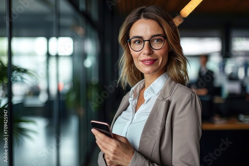 Mid aged business woman holding cellphone standing in office, portrait. Mature 40 years old professional businesswoman manager executive using mobile phone working on smartphone, Generative AI 