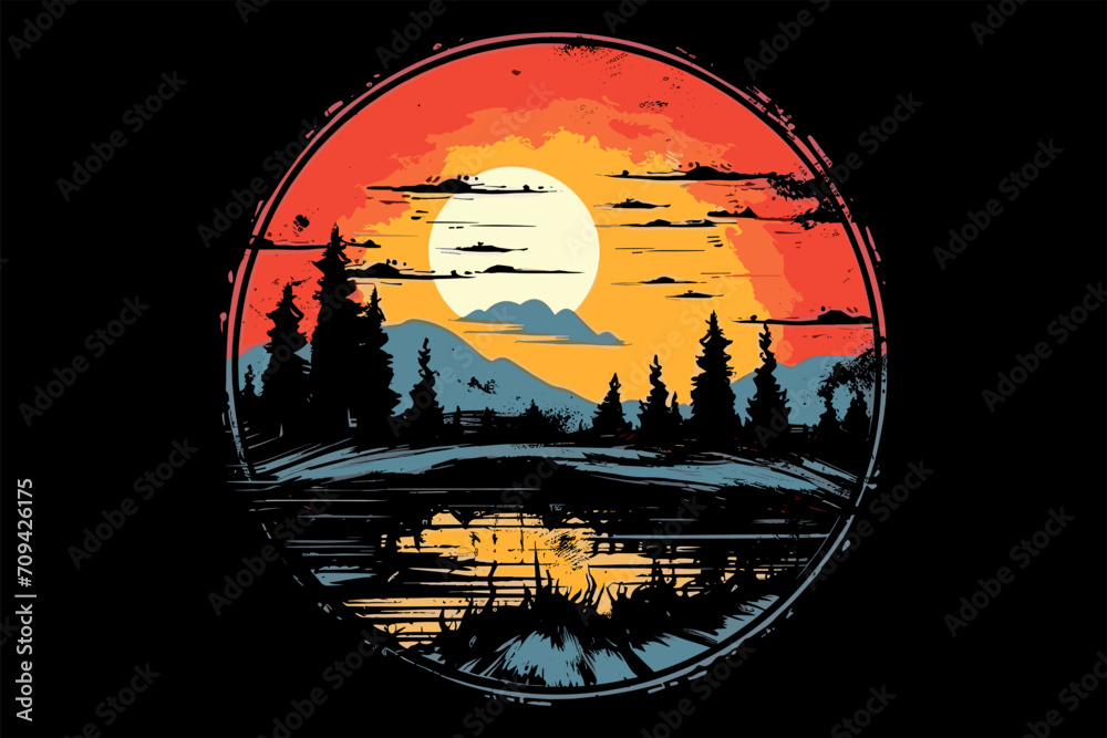 beautiful sunset beach sticker vector,  Sunset beach vector illustration for t shirt ,