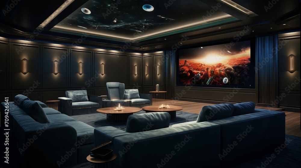 Premium home theater tiered seating, surround sound, and immersive