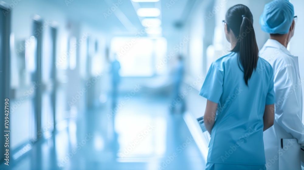 Fototapeta premium Nurse and doctor walking in hospital corridor,selective focus.