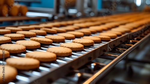 Close-up of freshly baked cookies on a conveyor belt in a bakery