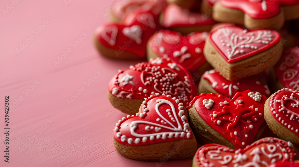 beautiful valentine's day card or banner for coffee shop, heart shaped cookies with red and white icing pattern on pink background with space for text beautiful valentine's day card or banner for coffee shop, heart shaped cookies with red and white icing pattern on pink background with space for text