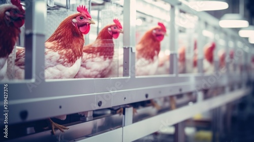 Inside the massive automated coops, feathered inhabitants move about freely in their designated areas, part of the highly efficient operation of this industrial poultry farm. photo
