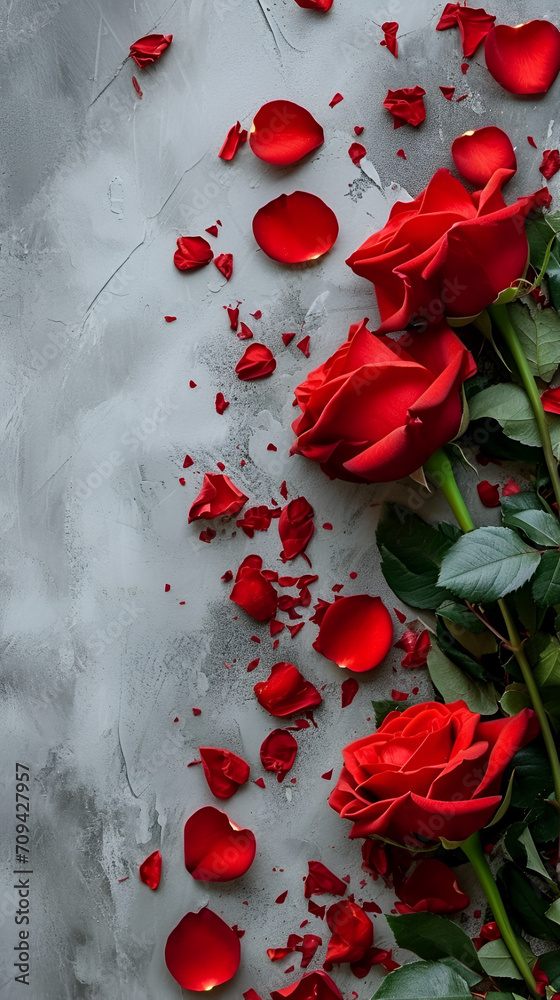 Valentine's day card or banner with red roses and rose petals with free space and place for text on gray background Valentine's day card or banner with red roses and rose petals with free space and place for text on gray background