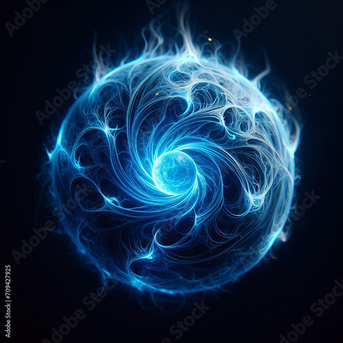 Blue Fire Orb glowing isolated with black black ground. One blue fire orb glowing