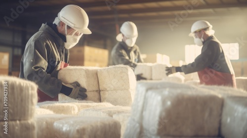 A group of workers in protective gear carefully sort and separate freshly cleaned wool into large, neatly stacked bales for shipping.