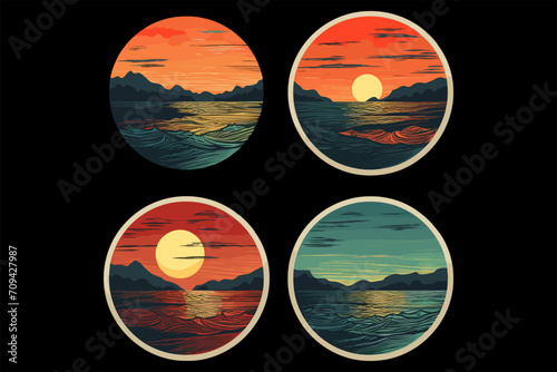 beautiful sunset beach sticker vector,  Sunset beach vector illustration for t shirt , photo