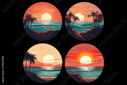 beautiful sunset beach sticker vector,  Sunset beach vector illustration for t shirt , photo