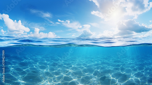 blue sea or ocean water surface and underwater with blue sky photo