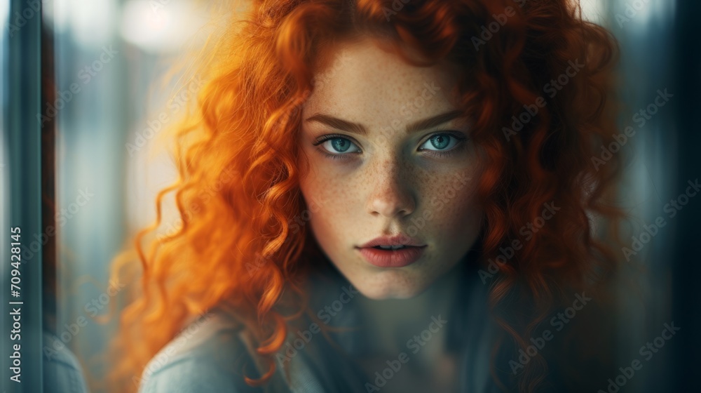 Photorealistic Teen White Woman with Red Curly Hair Futuristic Illustration. Portrait of a person in cyberpunk style. Cyberspace Ai Generated Horizontal Illustration. Photorealistic Teen White Woman with Red Curly Hair Futuristic Illustration. Portrait of a person in cyberpunk style. Cyberspace Ai Generated Horizontal Illustration.
