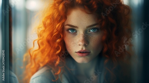Photorealistic Teen White Woman with Red Curly Hair Futuristic Illustration. Portrait of a person in cyberpunk style. Cyberspace Ai Generated Horizontal Illustration.