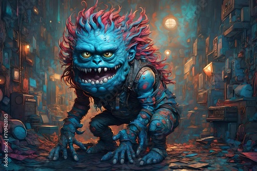 A fantasy illustration of a Monster wearing punk rock clothes, blue coloring  © freelanceartist