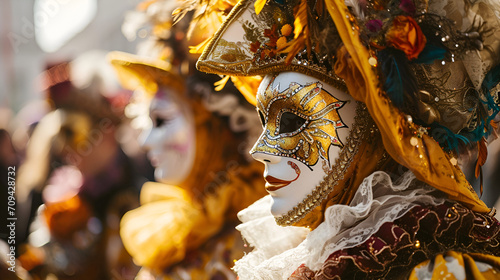 people in carnival costumes and masks at the Venetian carnival close-up with space for text photo