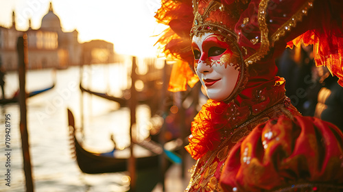 man in a carnival costume and mask at the Venetian carnival against the background of a river and gandolas, close-up with space for text © katerinka