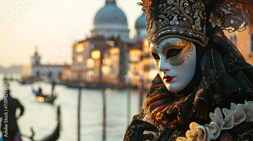 Venice carnival banner with place for text, a man in a carnival costume and mask against the background of a river and gandolas at the Venice carnival photo