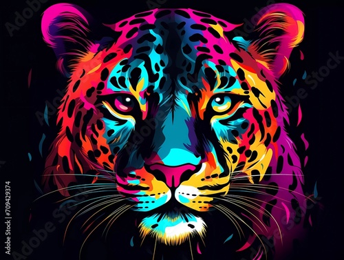 leopard illustration in abstract  rainbow ultra-bright neon artistic portrait graphic highlighter lines on minimalist background. generative ai