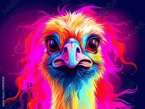 ostrich illustration in abstract, rainbow ultra-bright neon artistic portrait graphic highlighter lines on minimalist background. generative ai © KBL Sungkid