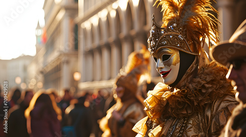 Venice carnival banner, people in carnival costumes and masks at the Venice Carnival