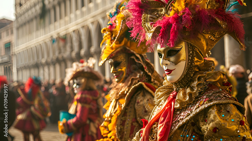 Venice carnival banner, people in carnival costumes and masks in St. Mark's Square at the Venice Carnival