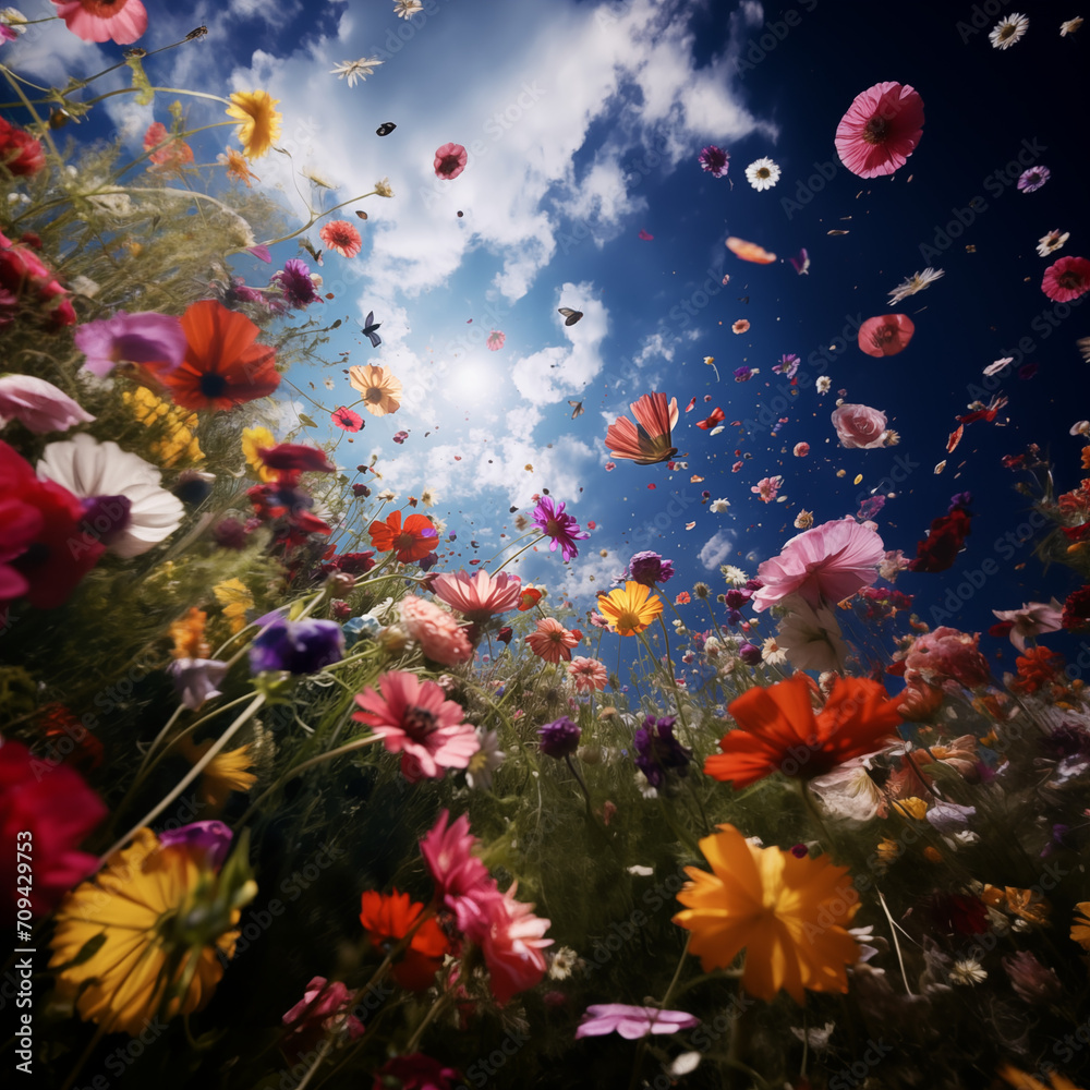 In a fairytale-like flower garden. Looking at the sky from a flower field.  Generative AI