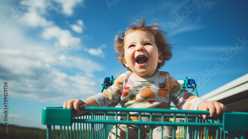 買い物カートに乗って楽しそうに大きな口を開けて笑っている赤ちゃん、下からアングル、背景青空 photo