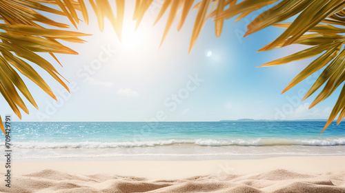 summer background with frame nature of tropical golden sand beach close-up, sea water, blue sky. © Aura