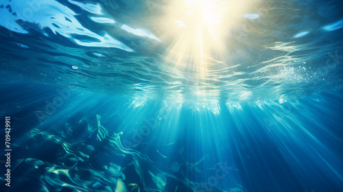 sunbeams under the rippled ocean water surface with sunlight