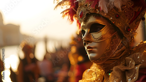  Venice carnival banner with place for text, a man in a carnival costume and mask against the background of a river and gandolas at the Venice carnival