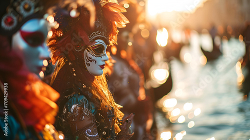  Venice carnival banner with place for text, a man in a carnival costume and mask against the background of a river and gandolas at the Venice carnival photo
