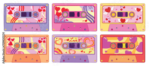 Retro cassettes for love songs vector illustration. 90s items, love mixtape with cute romantic motifs and hearts. vintage love and romance concept