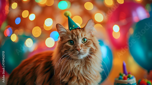 birthday card kitten with cake on a background of balloons and bokeh